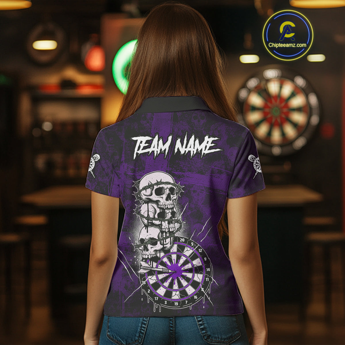 Custom Purple Grunge Barbed Wire Grey Skull Dartboard Men Darts Polo Shirt Dart Jerseys NYN1979
