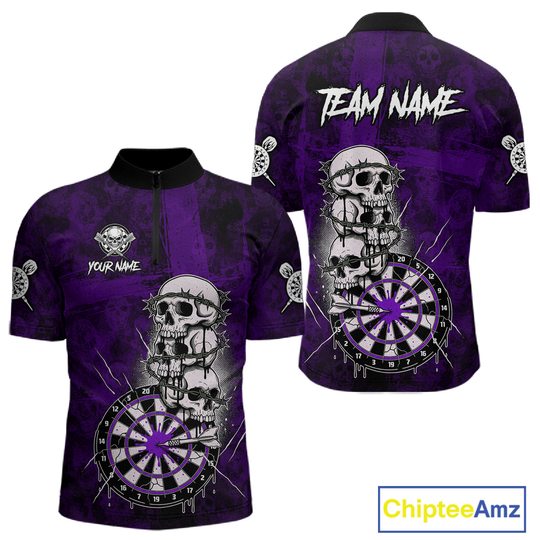 Custom Purple Grunge Barbed Wire Grey Skull Dartboard Men Darts Polo Shirt Dart Jerseys NYN1979