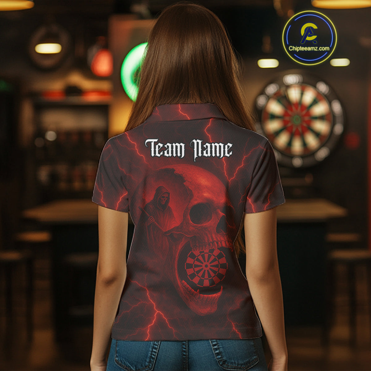 Custom Lightning Red Grim Reaper Dartboard Women Dart Polo Shirt Skull Dart Team Jersey NYN1444