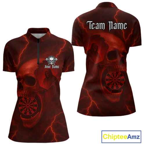 Custom Lightning Red Grim Reaper Dartboard Women Dart 1/4-Zip Shirt Skull Dart Team Jersey NYN1444