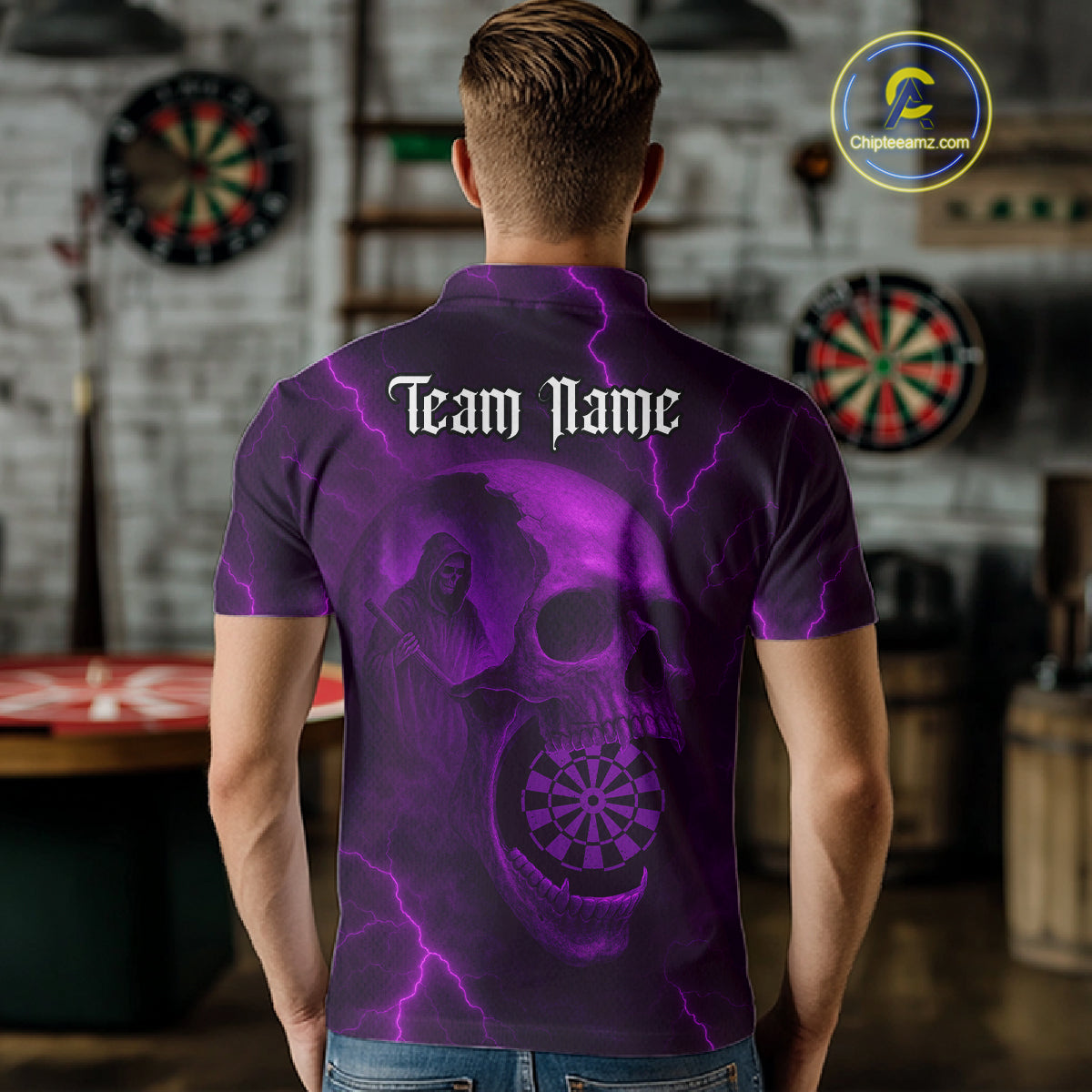 Custom Lightning Purple Grim Reaper Dartboard Men Dart Polo Shirt Skull Dart Team Jersey NYN1445
