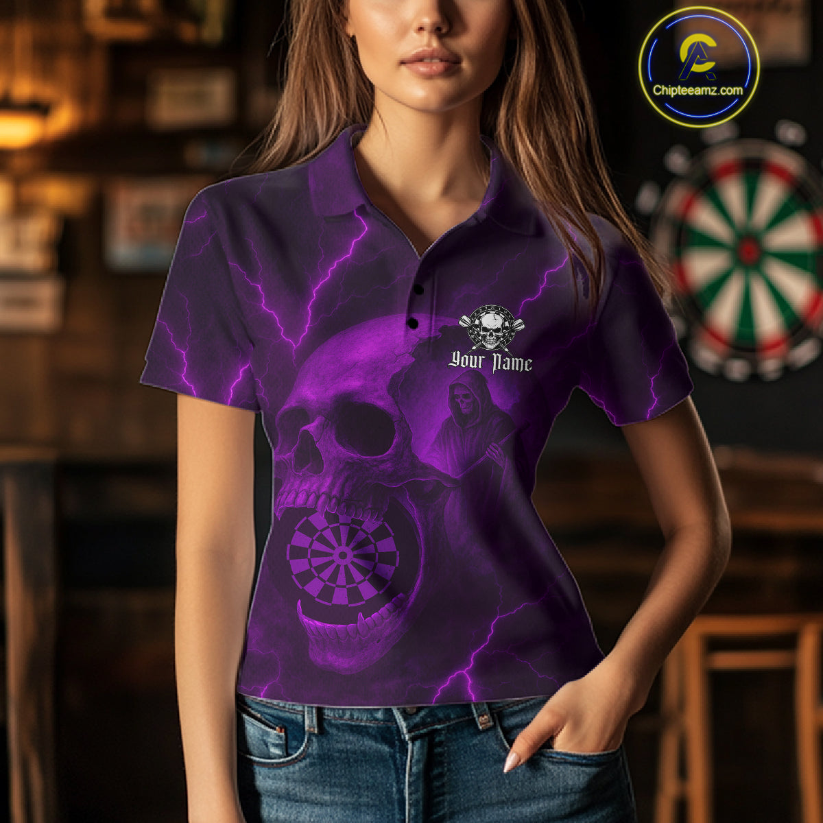 Custom Lightning Purple Grim Reaper Dartboard Women Dart Polo Shirt Skull Dart Team Jersey NYN1445