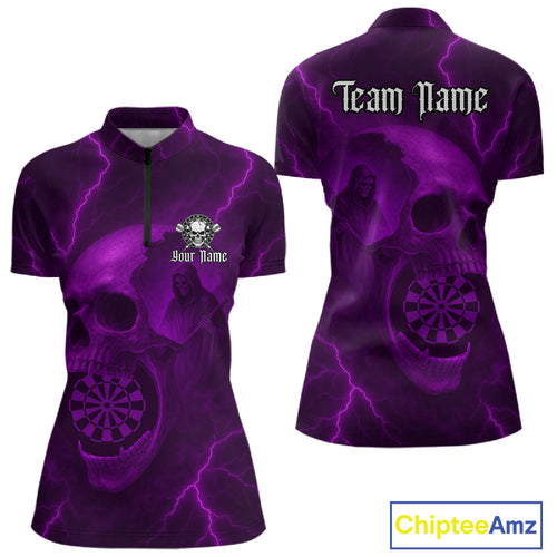 Custom Lightning Purple Grim Reaper Dartboard Women Dart 1/4-Zip Shirt Skull Dart Team Jersey NYN1445