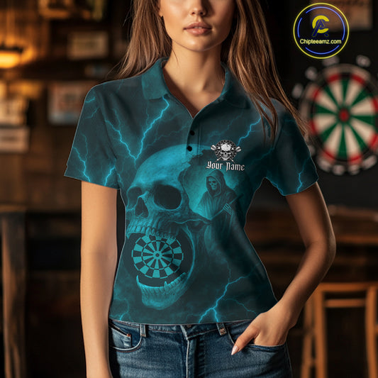 Custom Lightning Turquoise Grim Reaper Dartboard Women Dart Polo Shirt Skull Dart Team Jersey NYN1446