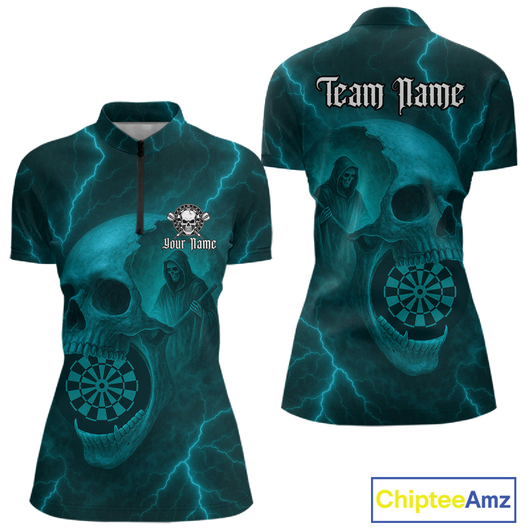 Custom Lightning Turquoise Grim Reaper Dartboard Women Dart 1/4-Zip Shirt Skull Dart Team Jersey NYN1446