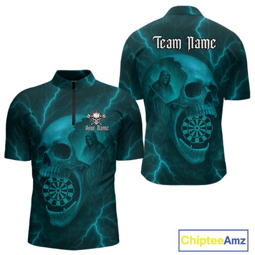 Custom Lightning Turquoise Grim Reaper Dartboard Men Dart 1/4-Zip Shirt Skull Dart Team Jersey NYN1446