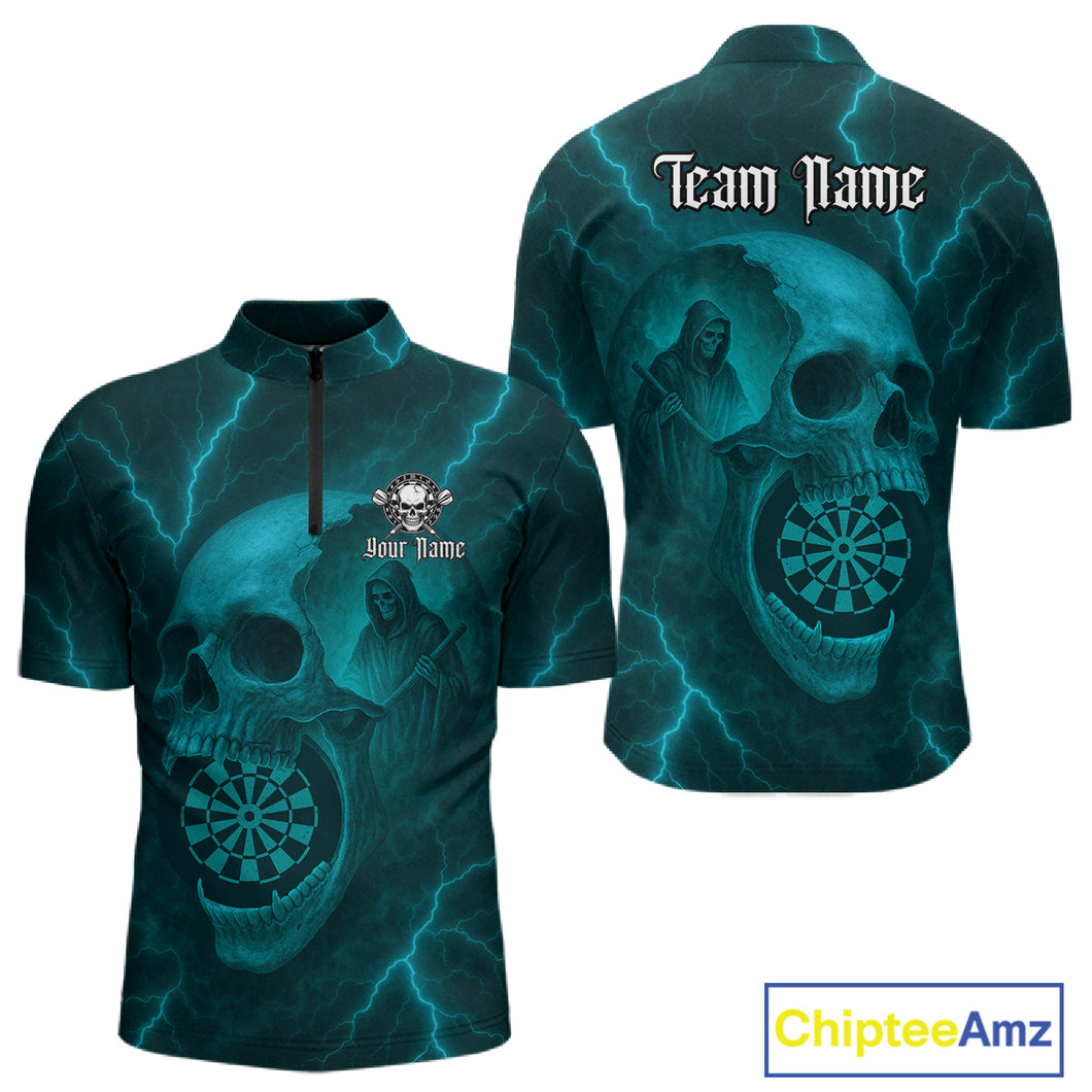 Custom Lightning Turquoise Grim Reaper Dartboard Men Dart 1/4-Zip Shirt Skull Dart Team Jersey NYN1446