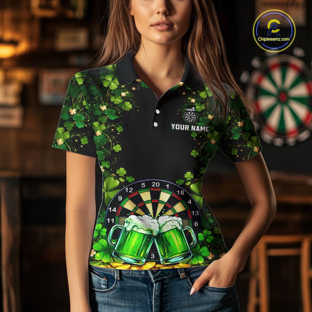 Cheer Beer & Play Dartboard Shamrock Women Darts Polo Shirt Custom St Patrick's Day Darts Jersey NYN2534