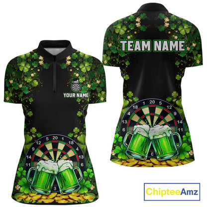 Cheer Beer & Play Dartboard Shamrock Women Darts Quarter-Zip Shirt Custom St Patrick's Day Darts Jersey NYN2534
