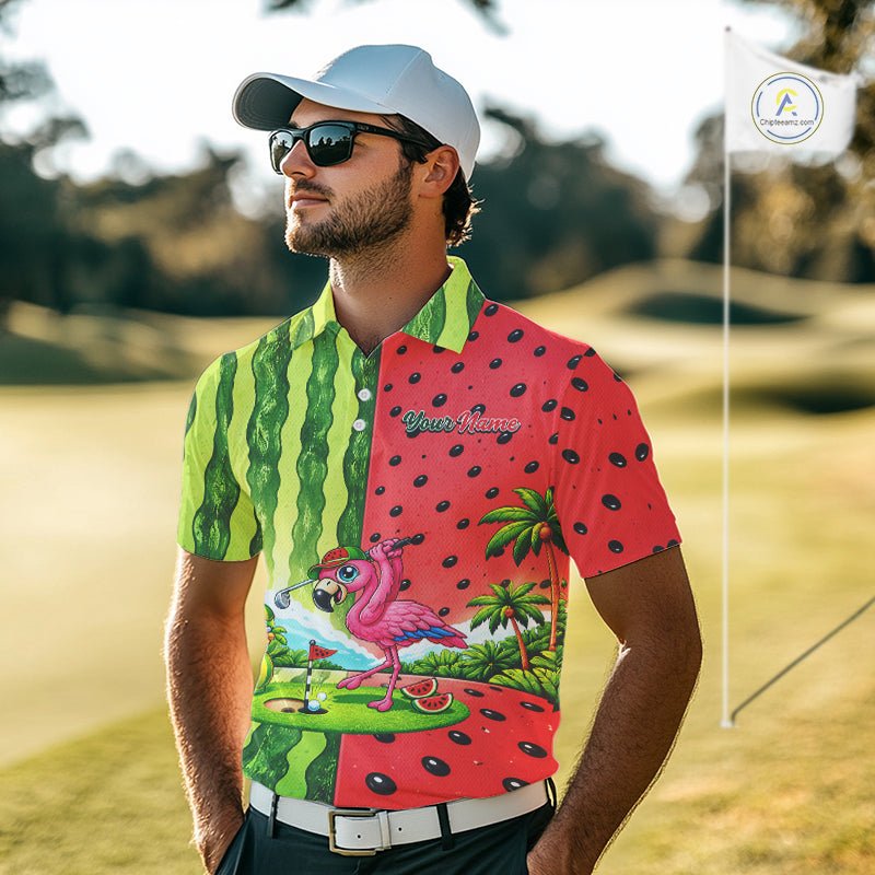 Flamingo Watermelon Polo Shirt Mens Golf Polo Shirts Custom Tropical Pattern Flamingo Golf Shirts NYN2878