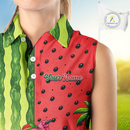 Flamingo Watermelon Sleeveless Polo Shirt Womens Golf Polo Shirts Custom Tropical Flamingo Golf Shirts NYN2878