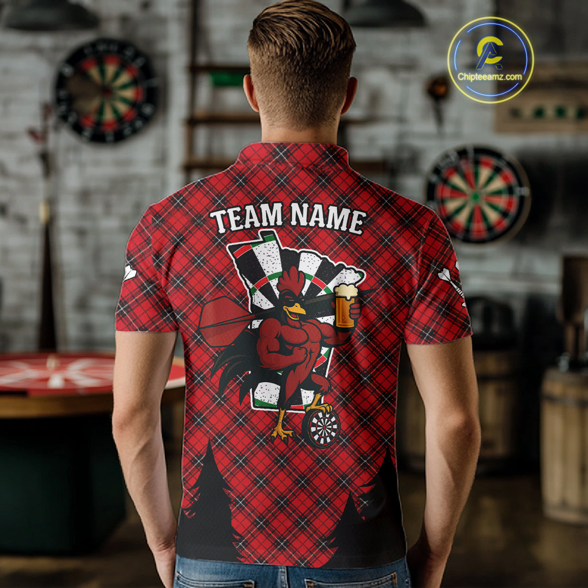 Custom Black And Red Rooster Funny Dart Polo Shirt For Men Outfits Dart Team Jersey NYN1461