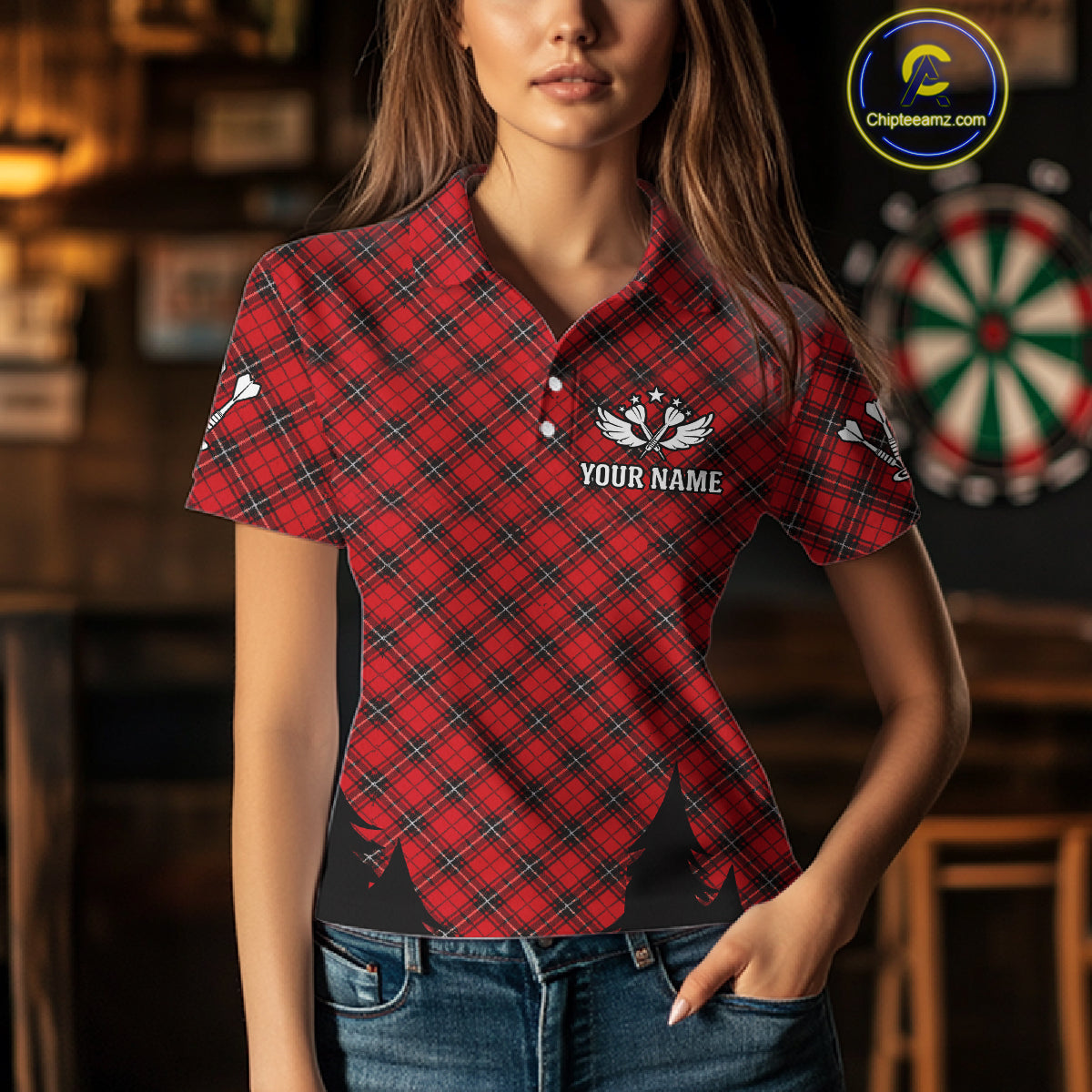 Custom Black And Red Rooster Funny Dart Polo Shirt For Women Outfits Dart Team Jersey NYN1461