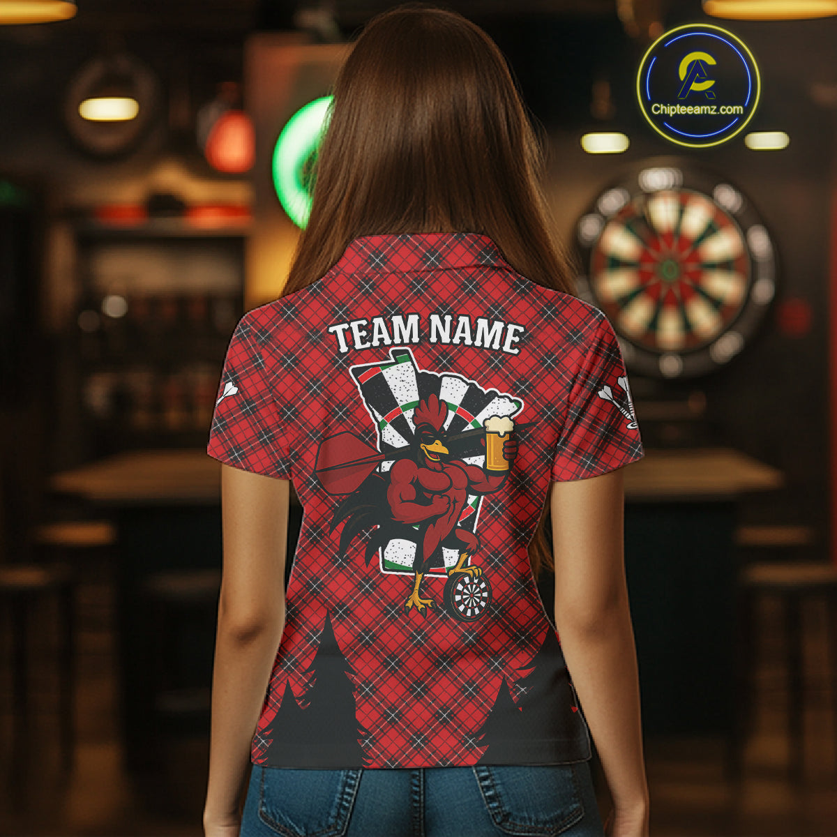 Custom Black And Red Rooster Funny Dart Polo Shirt For Women Outfits Dart Team Jersey NYN1461