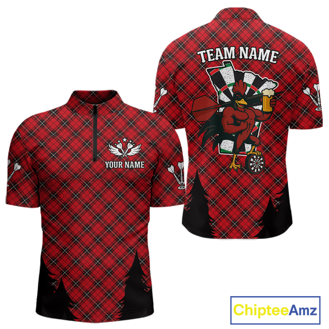 Custom Black And Red Rooster Funny Dart 1/4-Zip Shirt For Men Outfits Dart Team Jersey NYN1461
