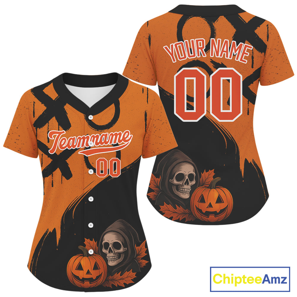 Custom Skeleton Pumpkin Baseball Halloween Shirt For Women Outfits Skull Baseball Jerseys NYN1469