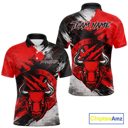 Custom Red Grunge Funny Bull Darts Polo & 1/4 Zip Shirt For Men Bull Darts Team Jerseys NYN2890