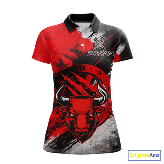 Custom Red Grunge Funny Bull Darts Polo & 1/4 Zip Shirt For Women Bull Darts Team Jerseys NYN2890
