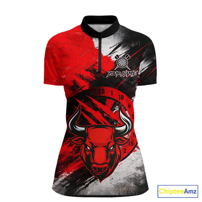 Custom Red Grunge Funny Bull Darts Polo & 1/4 Zip Shirt For Women Bull Darts Team Jerseys NYN2890