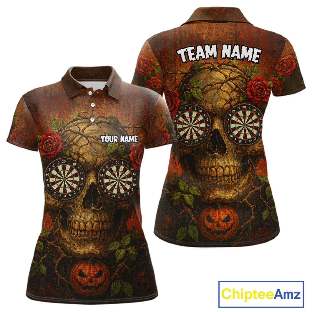 Custom Red Roses Skull Halloween Dart Polo Shirt For Women Grunge Dart Team Jersey NYN1474