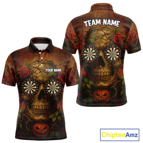 Custom Red Roses Skull Halloween Dart Polo Shirt For Men Grunge Dart Team Jersey NYN1474
