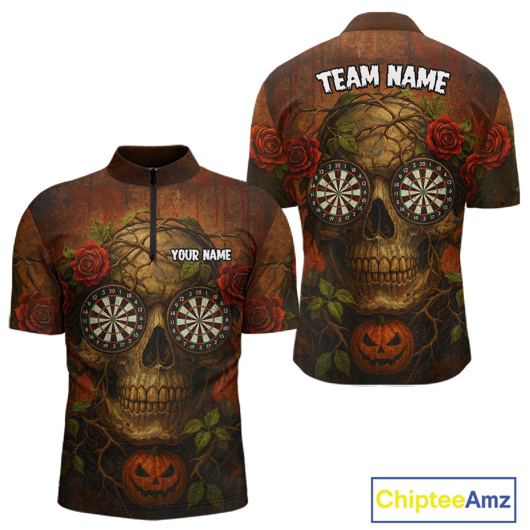 Custom Red Roses Skull Halloween Dart 1/4-Zip Shirt For Men Grunge Dart Team Jersey NYN1474