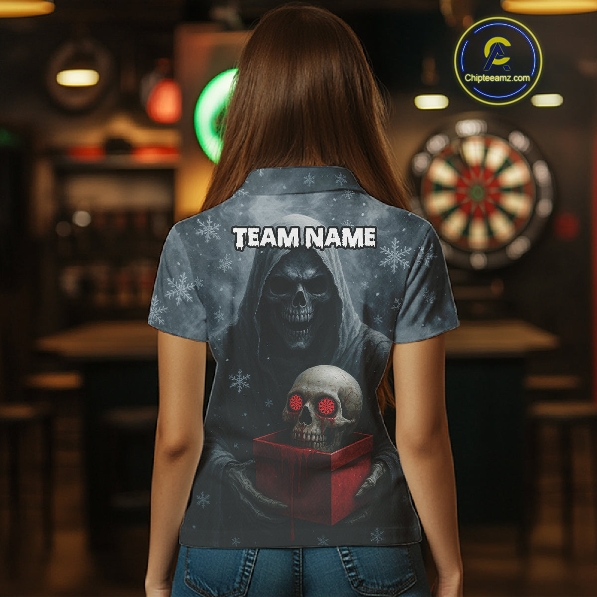 Custom Red Dripping Grim Reaper Creepy Christmas Dart Polo Shirt For Women Xmas Dart Jersey NYN1476