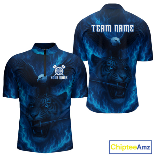 Custom Lightning Blue Tiger Eagle Horror Dart 1/4-Zip Shirt For Men Dart Tournament Jersey NYN1479