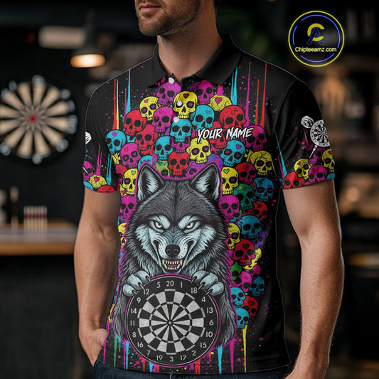 Multi-Color Skull Funny Wolf Dartboard Custom Darts Polo Shirt For Men Dart Team Gifts NYN2000