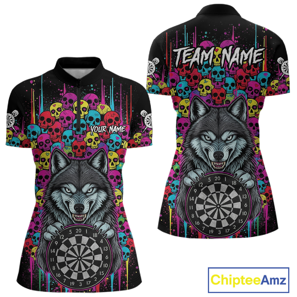 Multi-Color Skull Funny Wolf Dartboard Custom Darts Quarter-Zip Shirt For Women Dart Team Gifts NYN2000