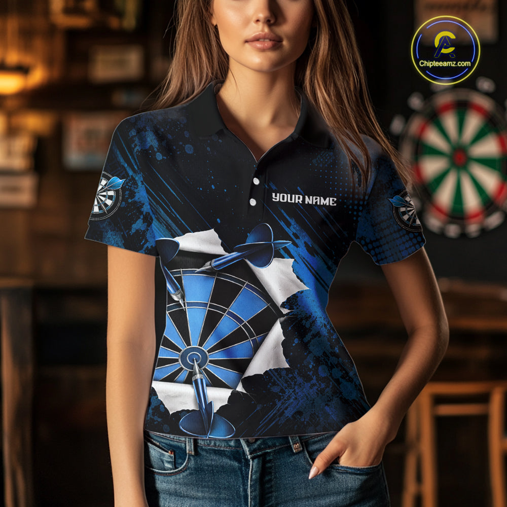 Custom Grunge Blue Torn Darts Polo & Quarter-Zip For Women Blue Spatter Outfit Dart Team Jerseys NYN2903