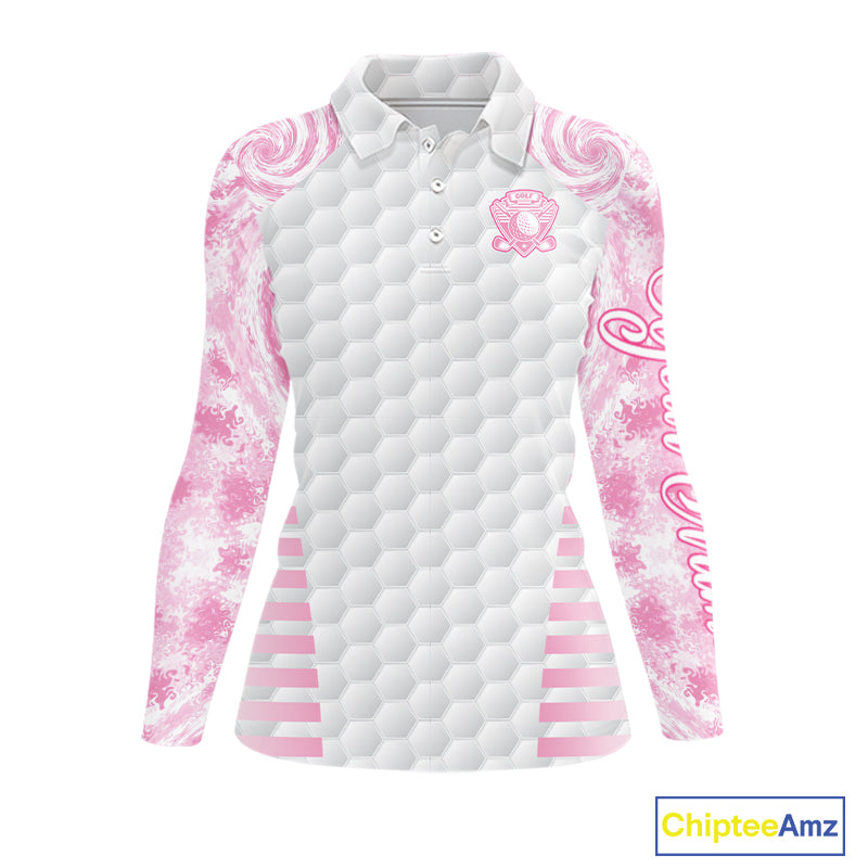 Womens Golf Polo Shirts Pink Tie Dye Pattern Custom White Golf Ball Golf Top Shirt For Ladies NYN2908