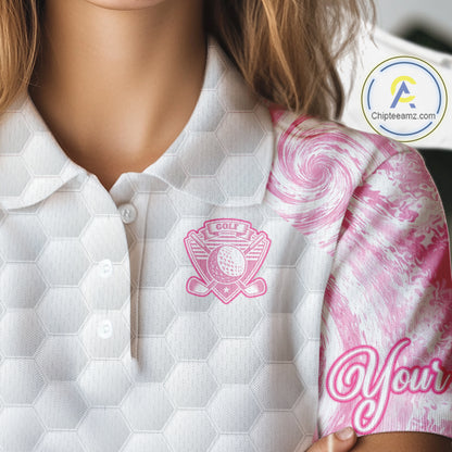 Womens Golf Polo Shirts Pink Tie Dye Pattern Custom White Golf Ball Golf Top Shirt For Ladies NYN2908