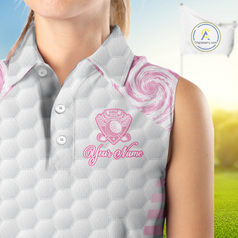 Womens Sleeveless Golf Polo Shirts Pink Tie Dye Pattern Custom White Golf Ball Golf Shirt For Ladies NYN2908
