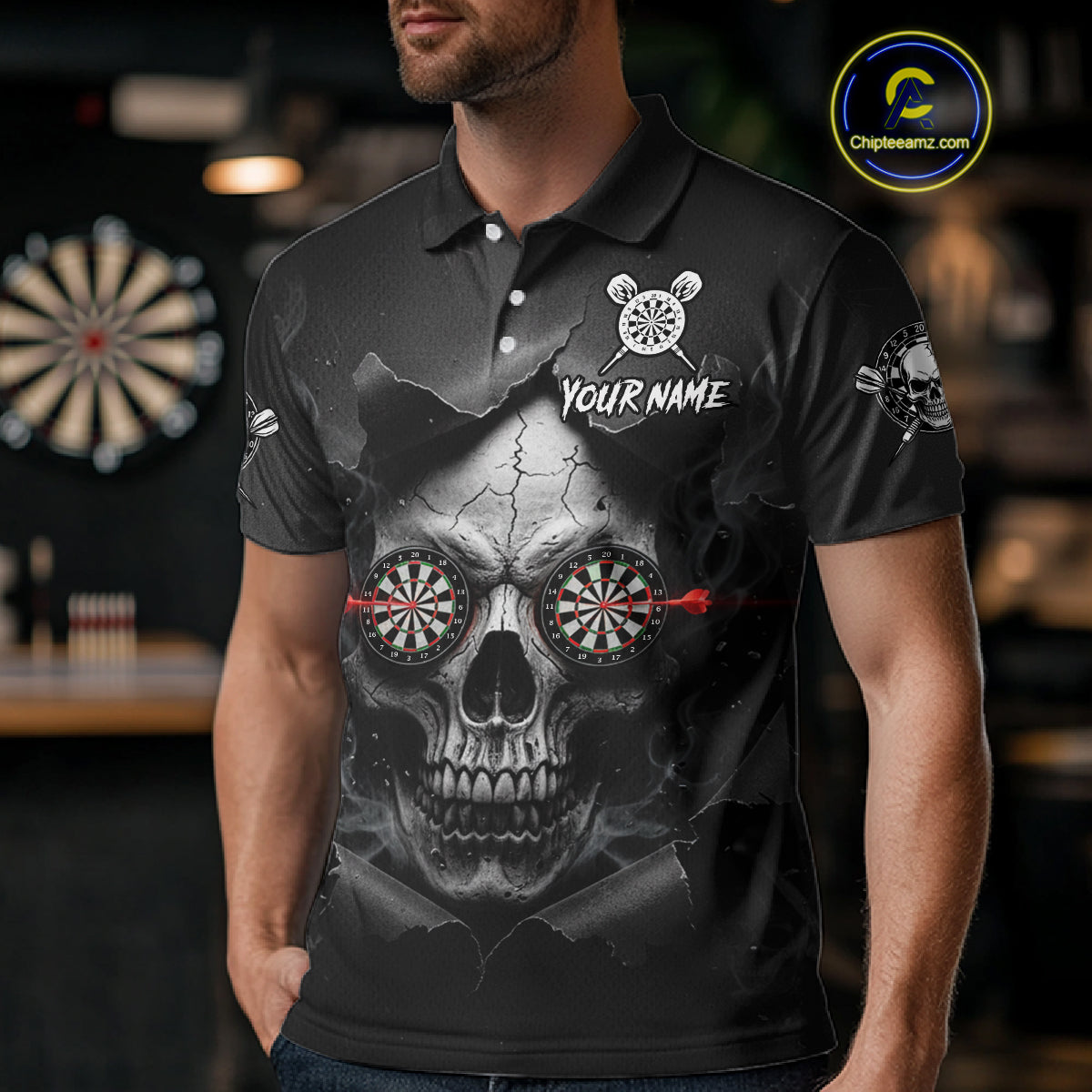 Black Smokes Skull Torn Grunge Dartboard Custom Men Polo Darts Shirt Dart Jersey NYN2012