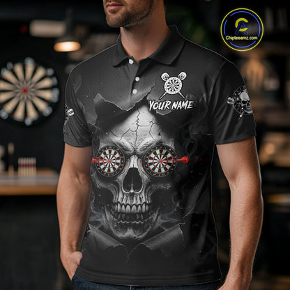 Black Smokes Skull Torn Grunge Dartboard Custom Men Polo Darts Shirt Dart Jersey NYN2012