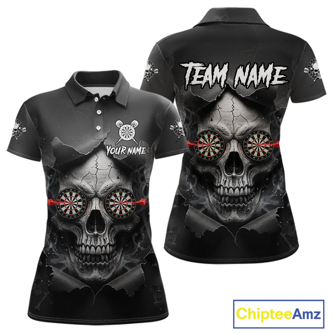 Black Smokes Skull Torn Grunge Dartboard Custom Women Polo Darts Shirt Dart Jersey NYN2012