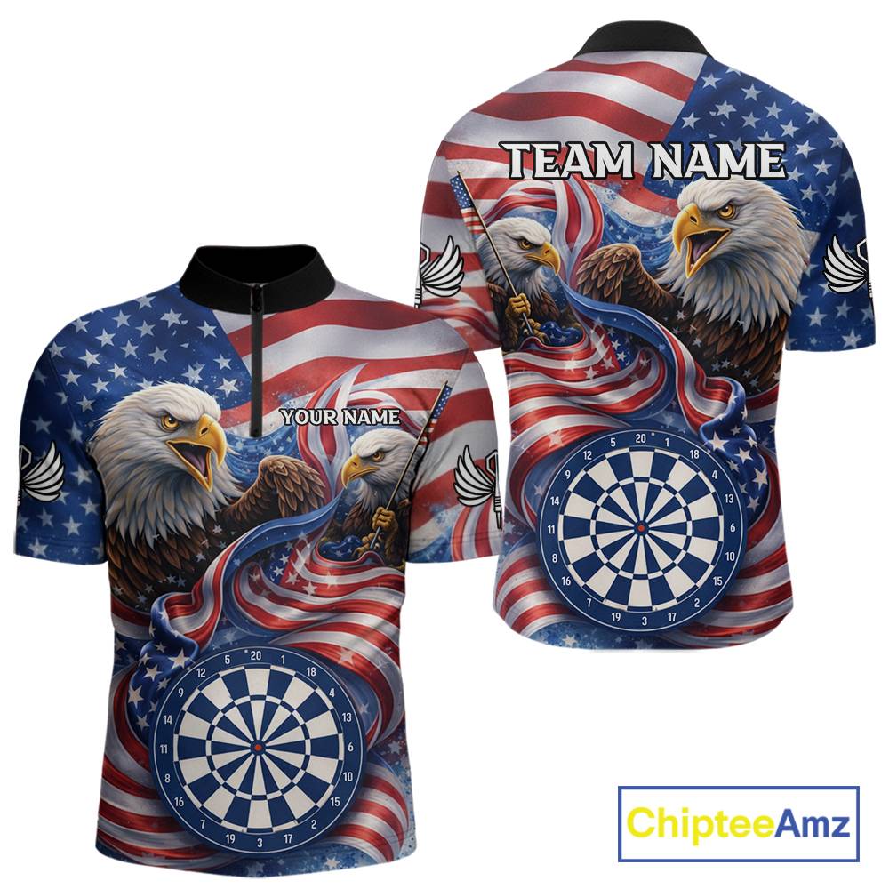 American Flag Eagle Freedom Dartboard Dart 1/4-Zip Shirt Custom Patriotic Men Dart Team Jerseys NYN2541