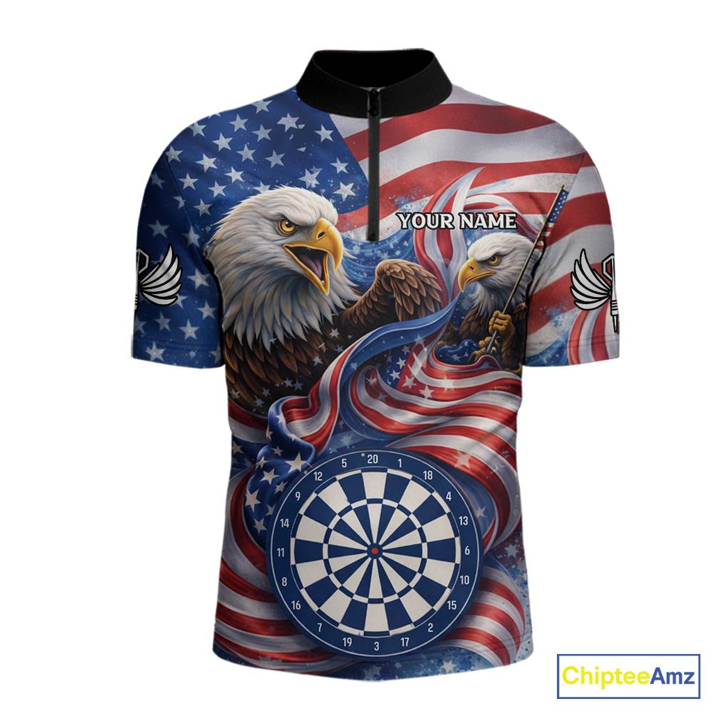 American Flag Eagle Freedom Dartboard Dart 1/4-Zip Shirt Custom Patriotic Men Dart Team Jerseys NYN2541