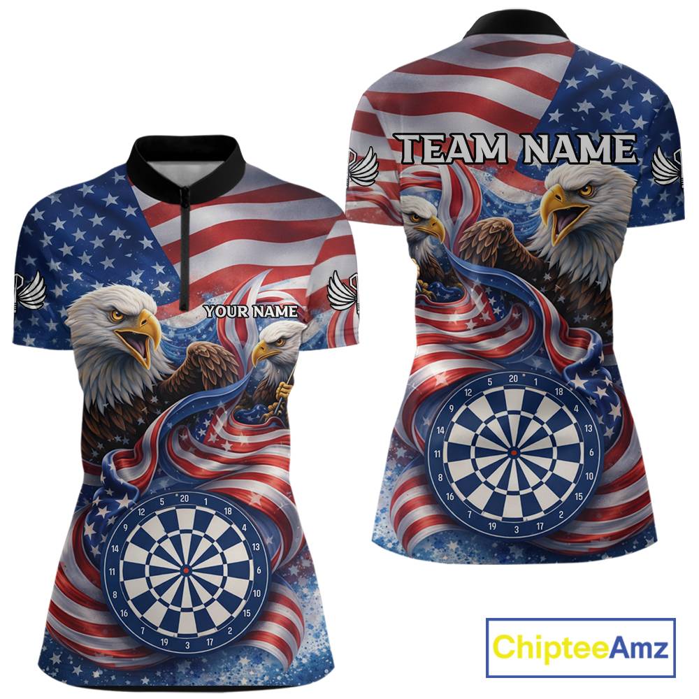 American Flag Eagle Freedom Dartboard Dart 1/4-Zip Shirt Custom Patriotic Women Dart Team Jerseys NYN2541