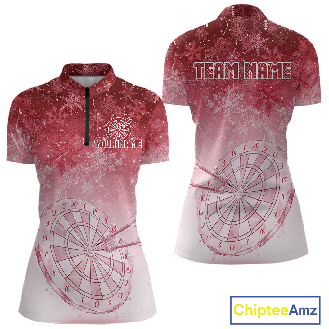 White & Red Snowflakes Ice Dartboard Custom Quarter-Zip Dart Shirt For Women Xmas Dart Jerseys NYN2025