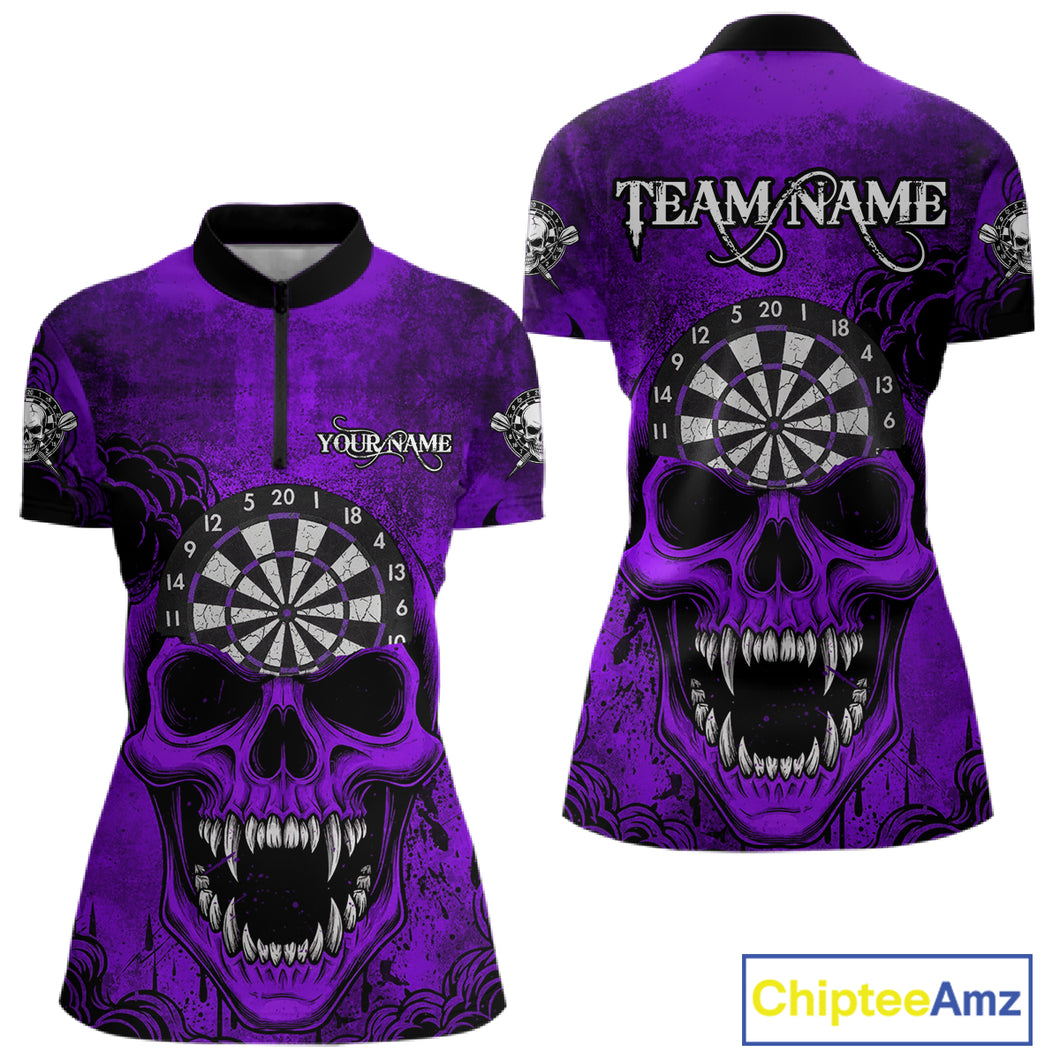 Purple Grunge Horror Dartboard Skull Custom Women Quarter-Zip Dart Jerseys Grunge Dart Gifts NYN2032