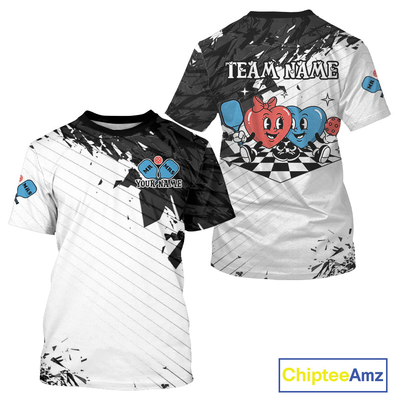 Custom Black & White Funny Heart Pickleball T-Shirt For Men Pickleball Couple Jerseys NYN1749
