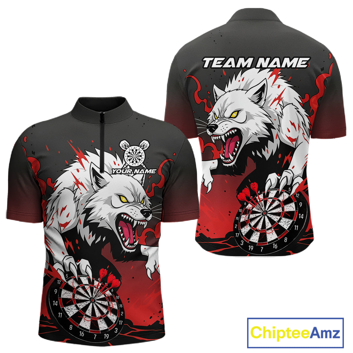 Custom Black & Red Horror Wolf 3D Dartboard Dart Men Quarter-Zip Jerseys Dart Team Shirts NYN1754