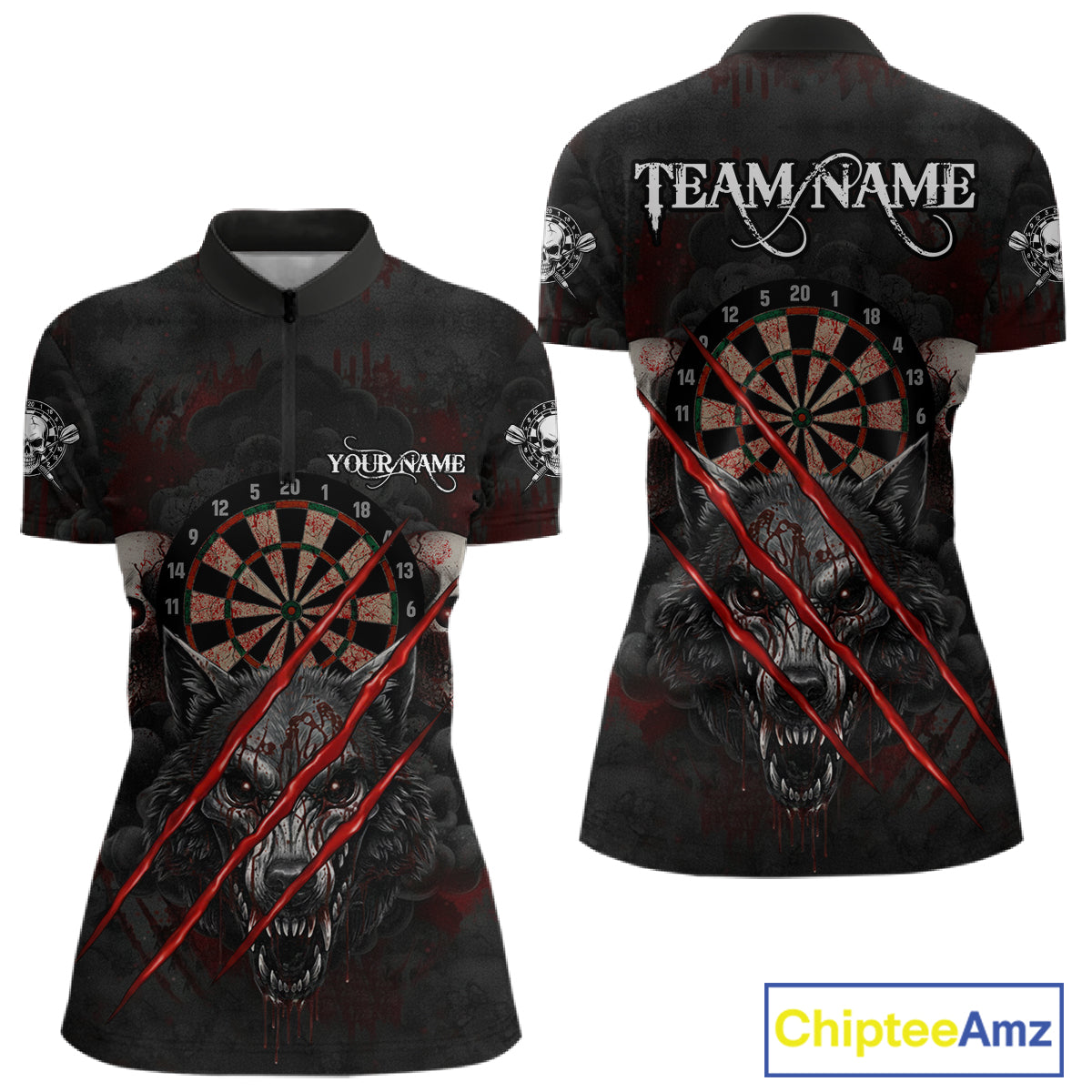 Red Blood Scratch Wolf Women Darts Quarter-Zip Shirt Custom Name & Team Skull Dart League Shirt NYN2054