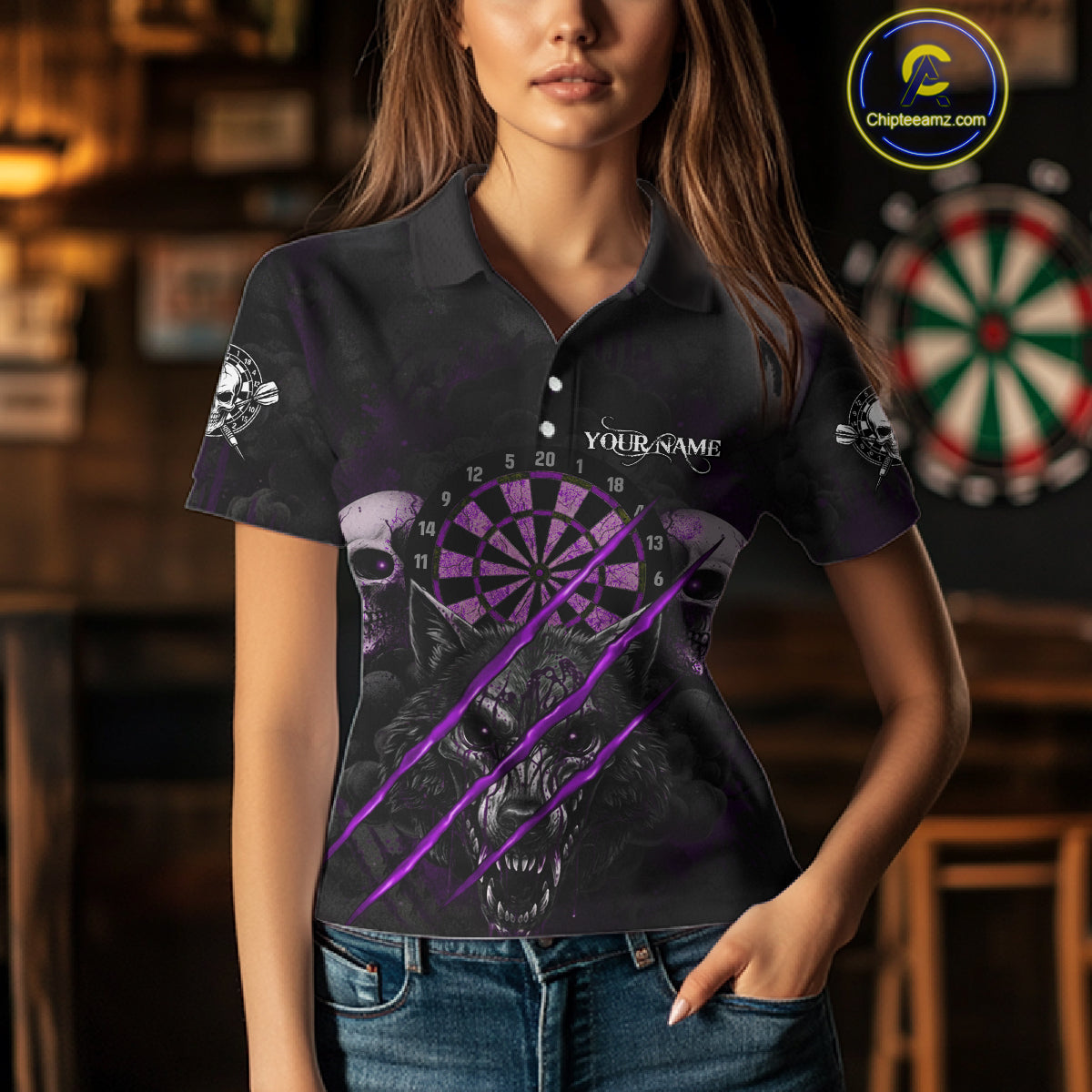 Purple Blood Scratch Wolf Women Darts Polo Shirt Custom Name & Team Skull Dart League Shirt NYN2055