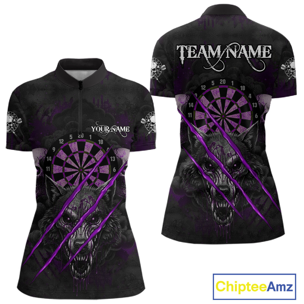 Purple Blood Scratch Wolf Women Darts Quarter-Zip Shirt Custom Name & Team Skull Dart League Shirt NYN2055