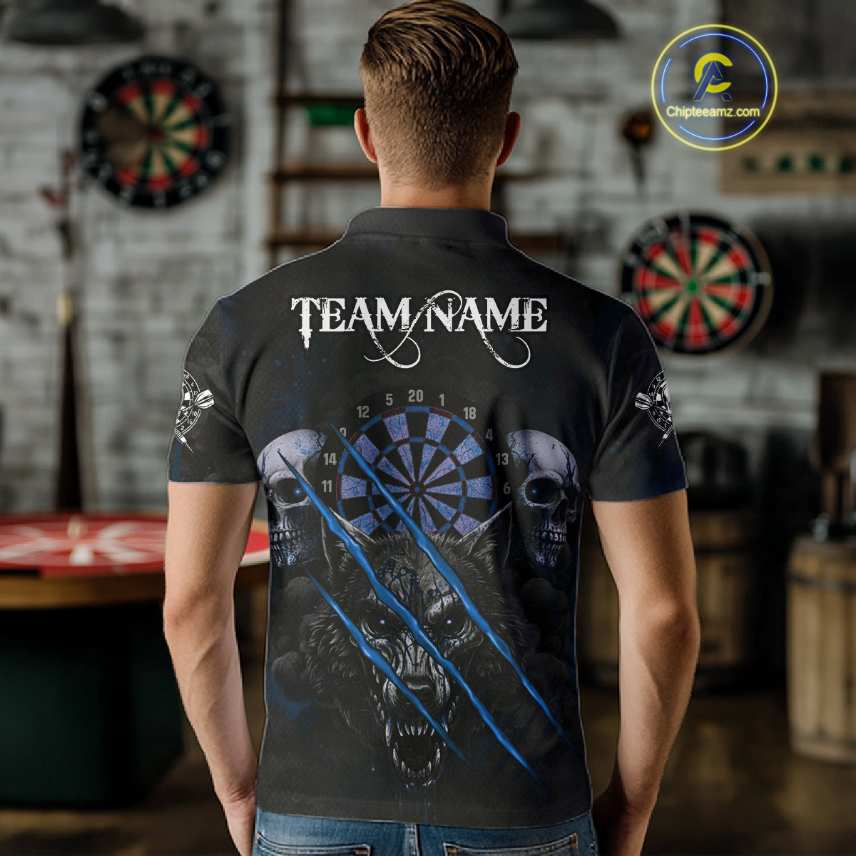 Blue Blood Scratch Wolf Men Darts Polo Shirt Custom Name & Team Skull Dart League Shirt NYN2056