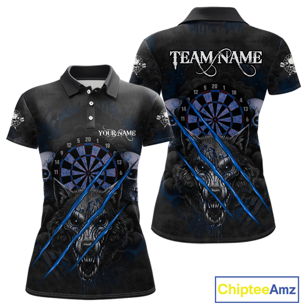 Blue Blood Scratch Wolf Women Darts Polo Shirt Custom Name & Team Skull Dart League Shirt NYN2056