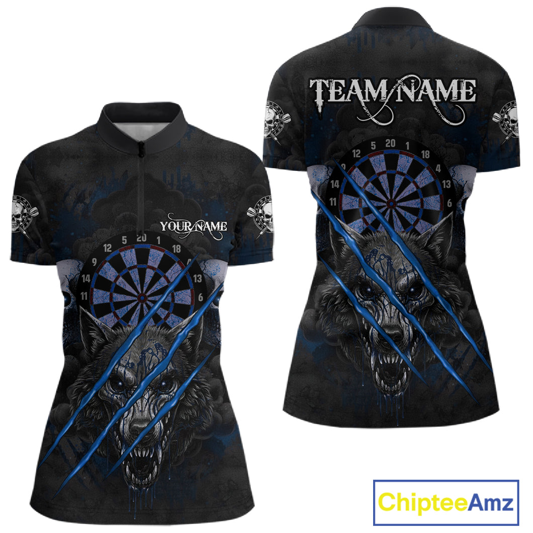 Blue Blood Scratch Wolf Women Darts Quarter-Zip Shirt Custom Name & Team Skull Dart League Shirt NYN2056